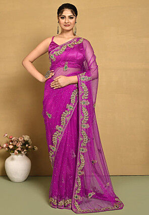 Hand Embroidered Net Saree in Magenta