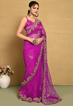Hand Embroidered Net Saree in Magenta