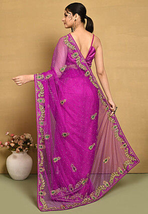 Hand Embroidered Net Saree in Magenta