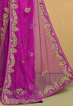 Hand Embroidered Net Saree in Magenta
