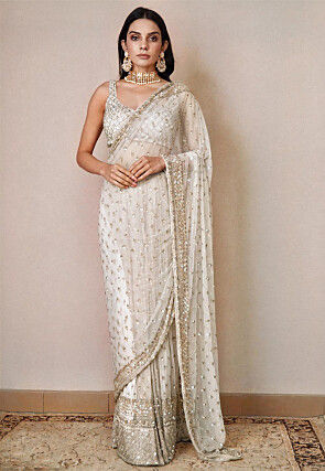 Hand Embroidered Net Saree in Off White