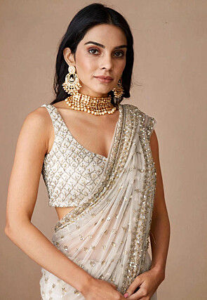 Hand Embroidered Net Saree in Off White