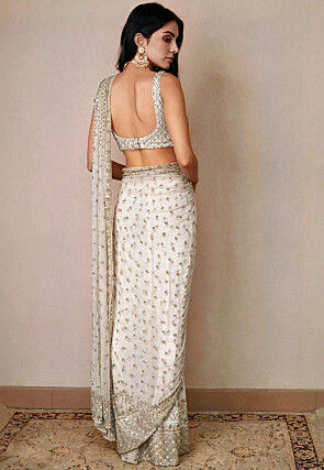 Hand Embroidered Net Saree in Off White