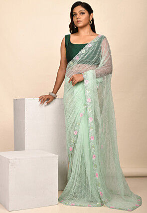 Hand Embroidered Net Saree in Pastel Green