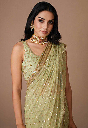 Hand Embroidered Net Saree in Pastel Green