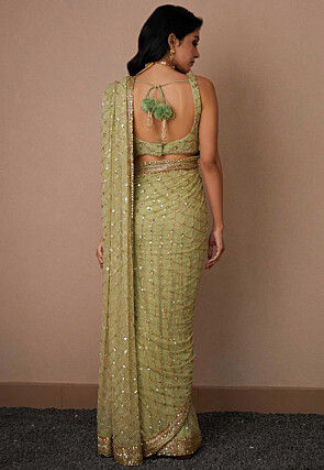 Hand Embroidered Net Saree in Pastel Green