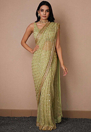 Hand Embroidered Net Saree in Pastel Green