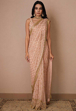 Hand Embroidered Net Saree in Peach