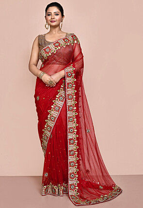 Hand Embroidered Net Saree in Red