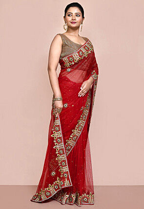 Hand Embroidered Net Saree in Red