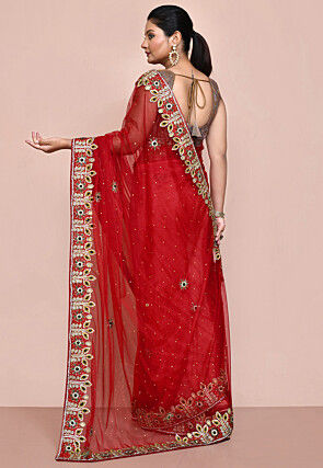 Hand Embroidered Net Saree in Red