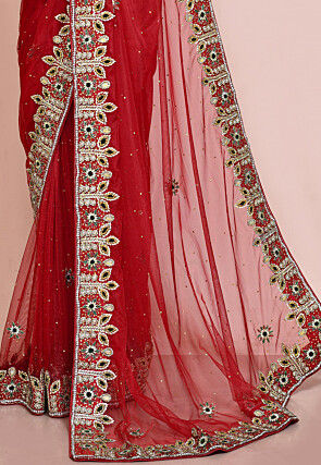 Hand Embroidered Net Saree in Red