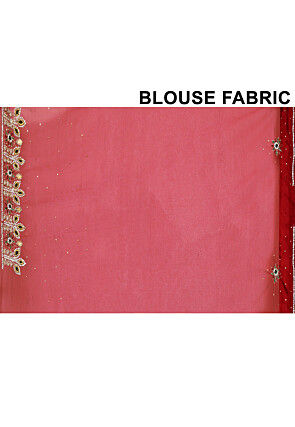 Hand Embroidered Net Saree in Red