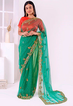 Hand Embroidered Net Saree in Sea Green