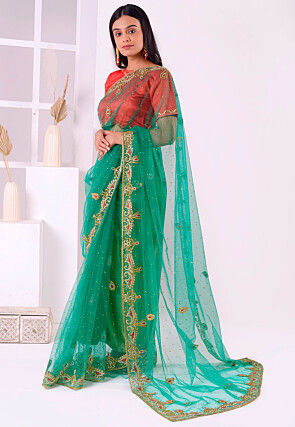 Hand Embroidered Net Saree in Sea Green
