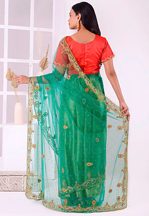 Hand Embroidered Net Saree in Sea Green