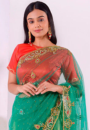 Hand Embroidered Net Saree in Sea Green