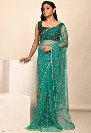 Hand Embroidered Net Saree in Teal Green