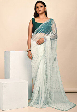Hand Embroidered Net Saree in White