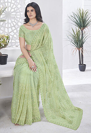 Hand Embroidered Net Scalloped Saree in Green