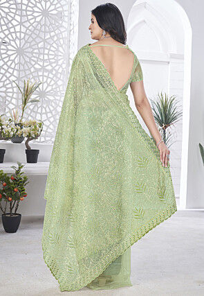 Hand Embroidered Net Scalloped Saree in Green