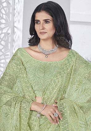 Hand Embroidered Net Scalloped Saree in Green