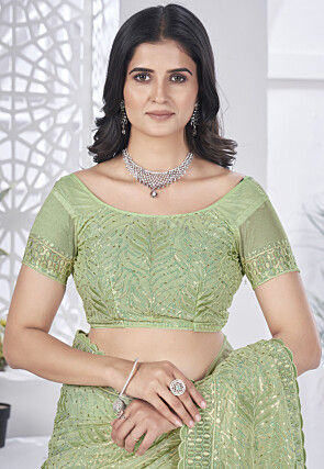 Hand Embroidered Net Scalloped Saree in Green