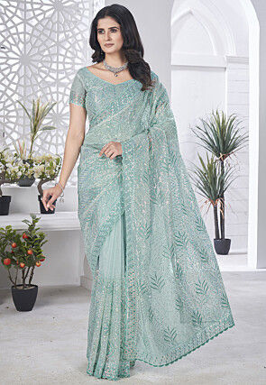 Hand Embroidered Net Scalloped Saree in Light Blue