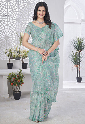Hand Embroidered Net Scalloped Saree in Light Blue