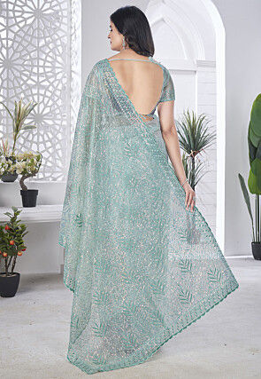 Hand Embroidered Net Scalloped Saree in Light Blue