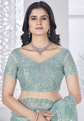 Hand Embroidered Net Scalloped Saree in Light Blue