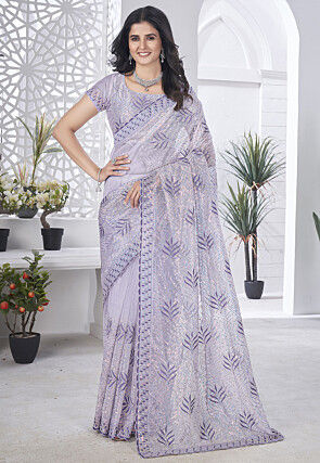 Hand Embroidered Net Scalloped Saree in Light Purple