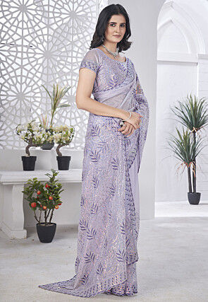 Hand Embroidered Net Scalloped Saree in Light Purple