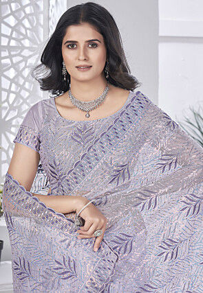 Hand Embroidered Net Scalloped Saree in Light Purple