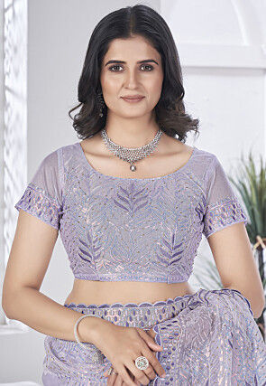 Hand Embroidered Net Scalloped Saree in Light Purple