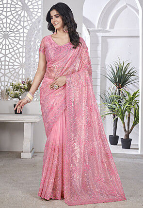 Hand Embroidered Net Scalloped Saree in Pink