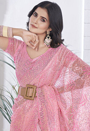 Hand Embroidered Net Scalloped Saree in Pink
