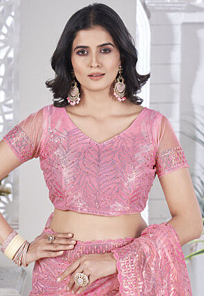 Hand Embroidered Net Scalloped Saree in Pink