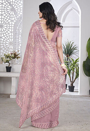 Hand Embroidered Net Scalloped Saree in Purple