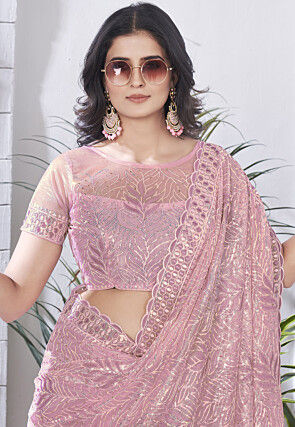 Hand Embroidered Net Scalloped Saree in Purple