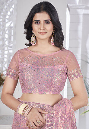 Hand Embroidered Net Scalloped Saree in Purple