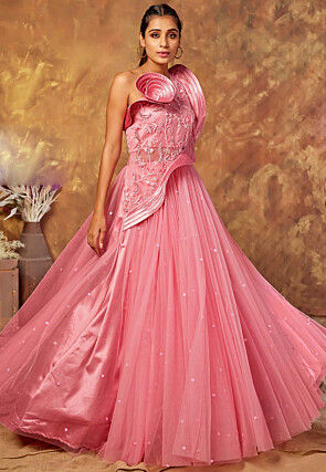 Hand Embroidered Net Toga Gown in Pink