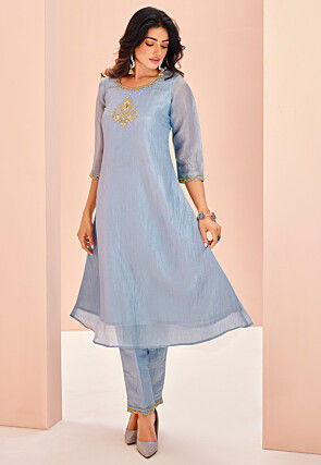 Hand Embroidered Organza A Line Kurta Set in Light Blue
