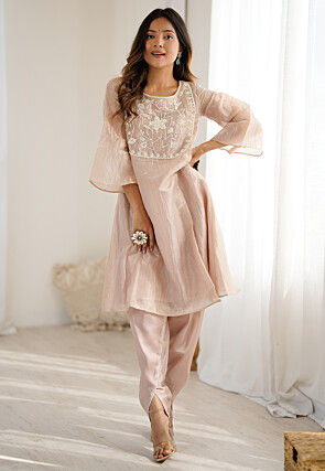 Hand Embroidered Organza A Line Kurta Set in Peach