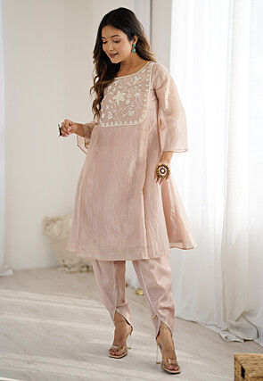 Hand Embroidered Organza A Line Kurta Set in Peach