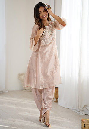 Hand Embroidered Organza A Line Kurta Set in Peach