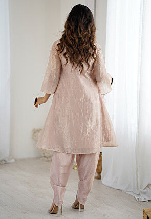 Hand Embroidered Organza A Line Kurta Set in Peach