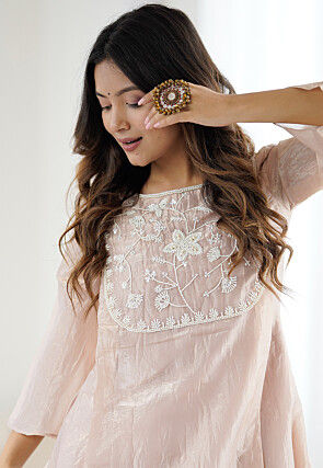 Hand Embroidered Organza A Line Kurta Set in Peach