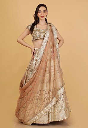 Hand Embroidered Organza Brocade Lehenga in Light Brown