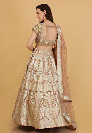 Hand Embroidered Organza Brocade Lehenga in Light Brown